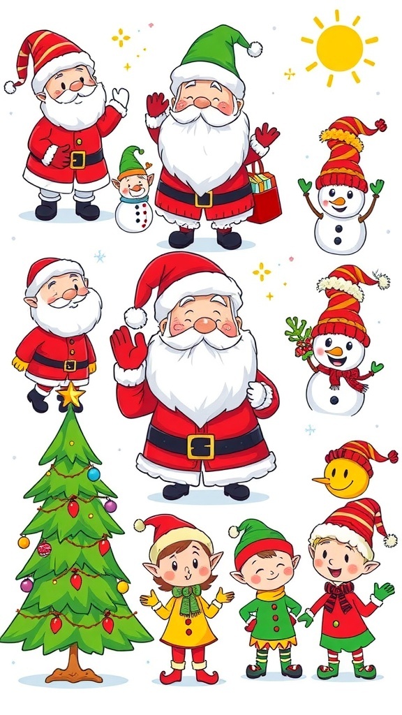 A collection of colorful Christmas cartoon drawings including Santa, snowmen, and Christmas trees.